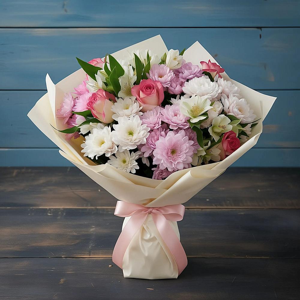 Букет цветов из: Хризантемы, Альстромерии и Розы в Кобралово